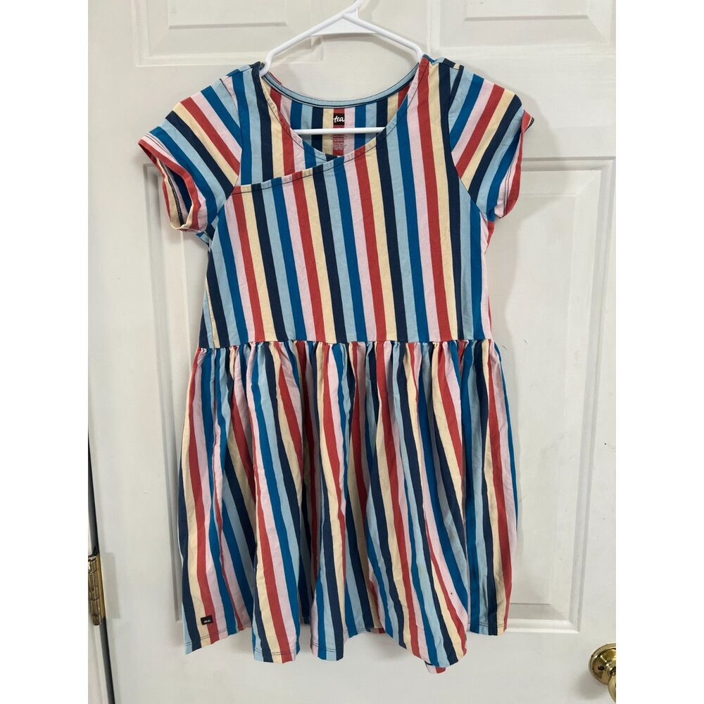 Tea Collection Girls Stripe Dress Short Sleeve Cotton Colorful Size 12 Pink